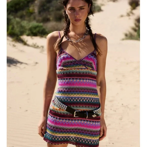Urban Outfitters Knit Mini Dress Boho Tribal Pattern Coachella Coastal festival - Picture 2 of 9